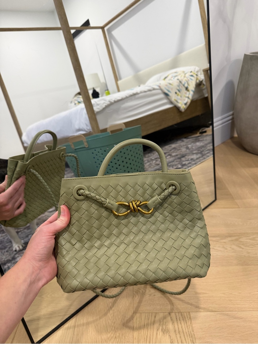 Amazon Olive Green Woven Shoulder Bag with Gold Accent